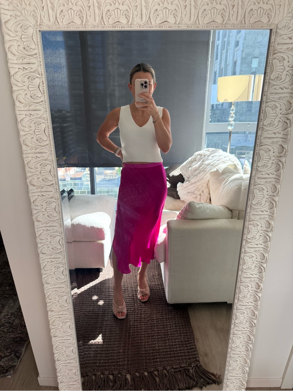 Free People Magenta Satin Bias Midi Skirt